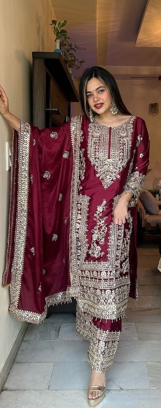 designer maroon chinon pakistani straigh...