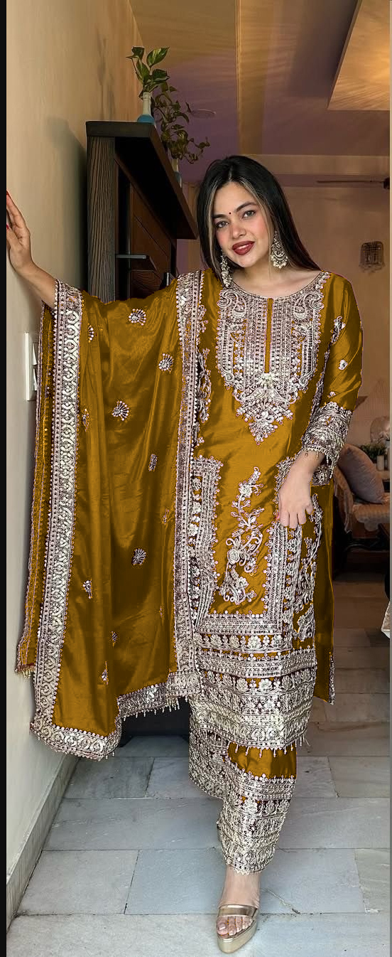 designer yellow chinon pakistani straigh...