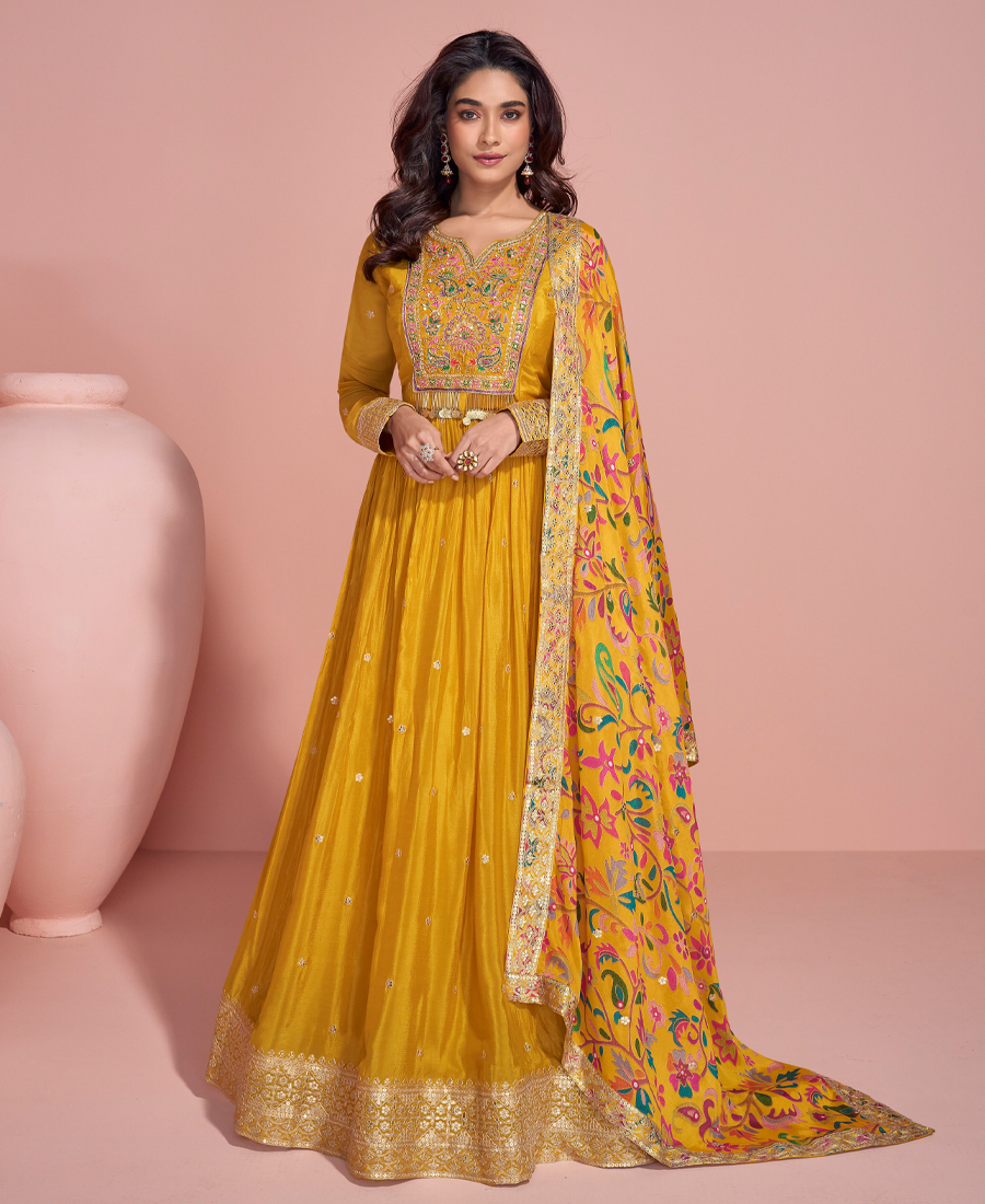 summer special yellow chinon anarkali se...