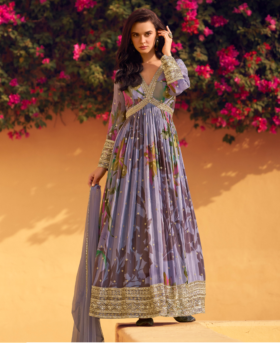 Lavender Floral Printed Chinon Anarkali...