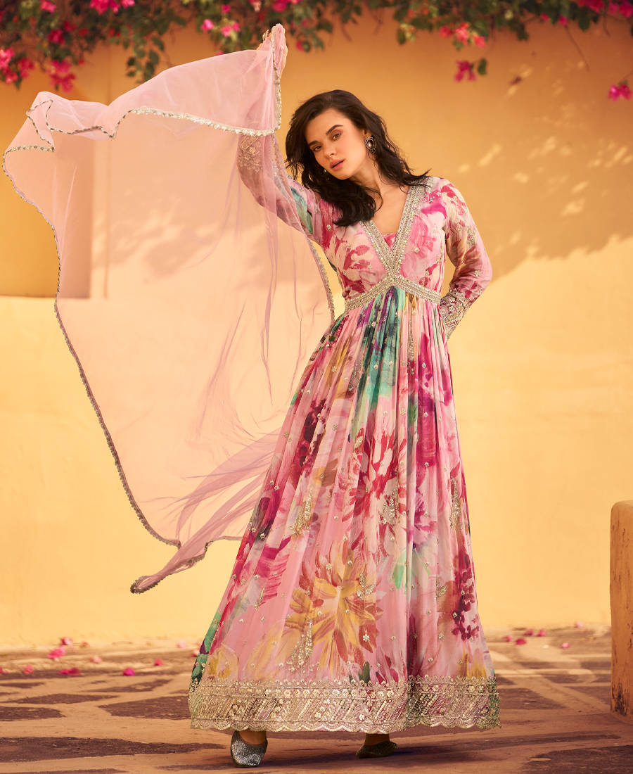 Pink Floral Printed Chinon Anarkali For...