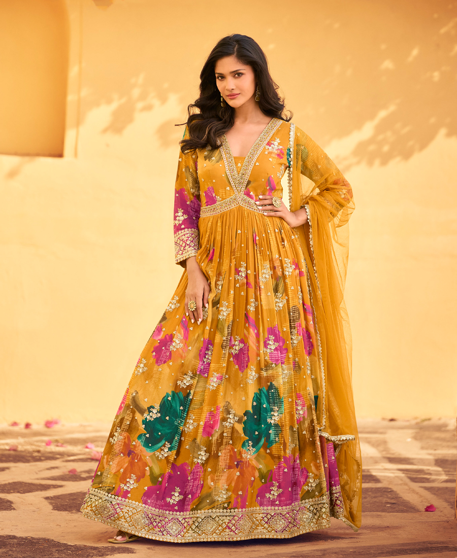 Yellow Floral Printed Chinon Anarkali Fo...