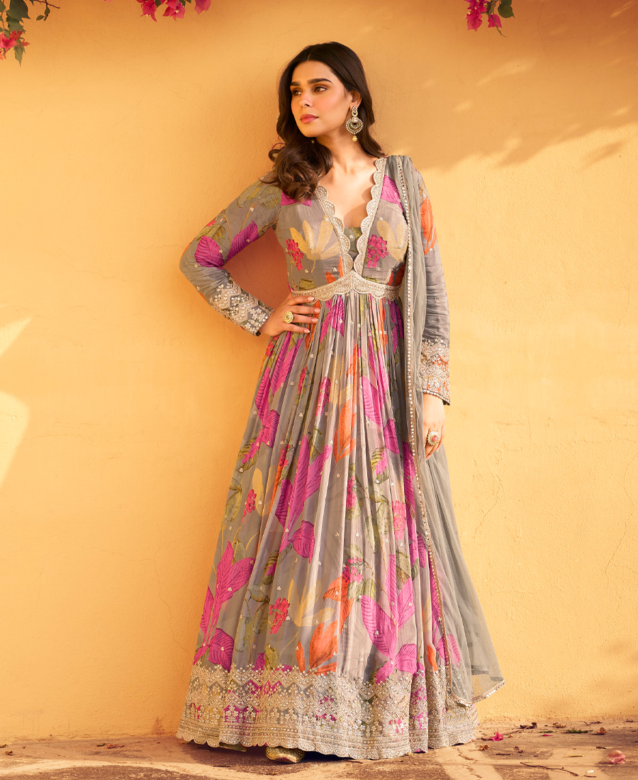 Grey Floral Printed Chinon Anarkali For...