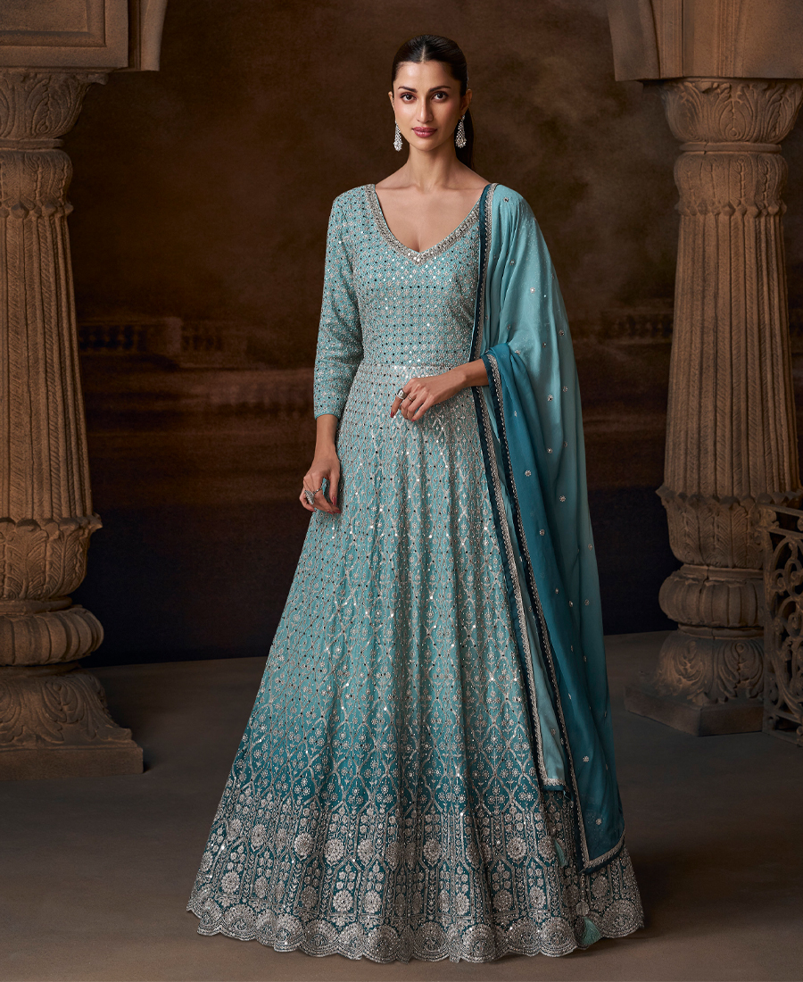 New Chinon Sky Blue Anarkali Suit For Wo...