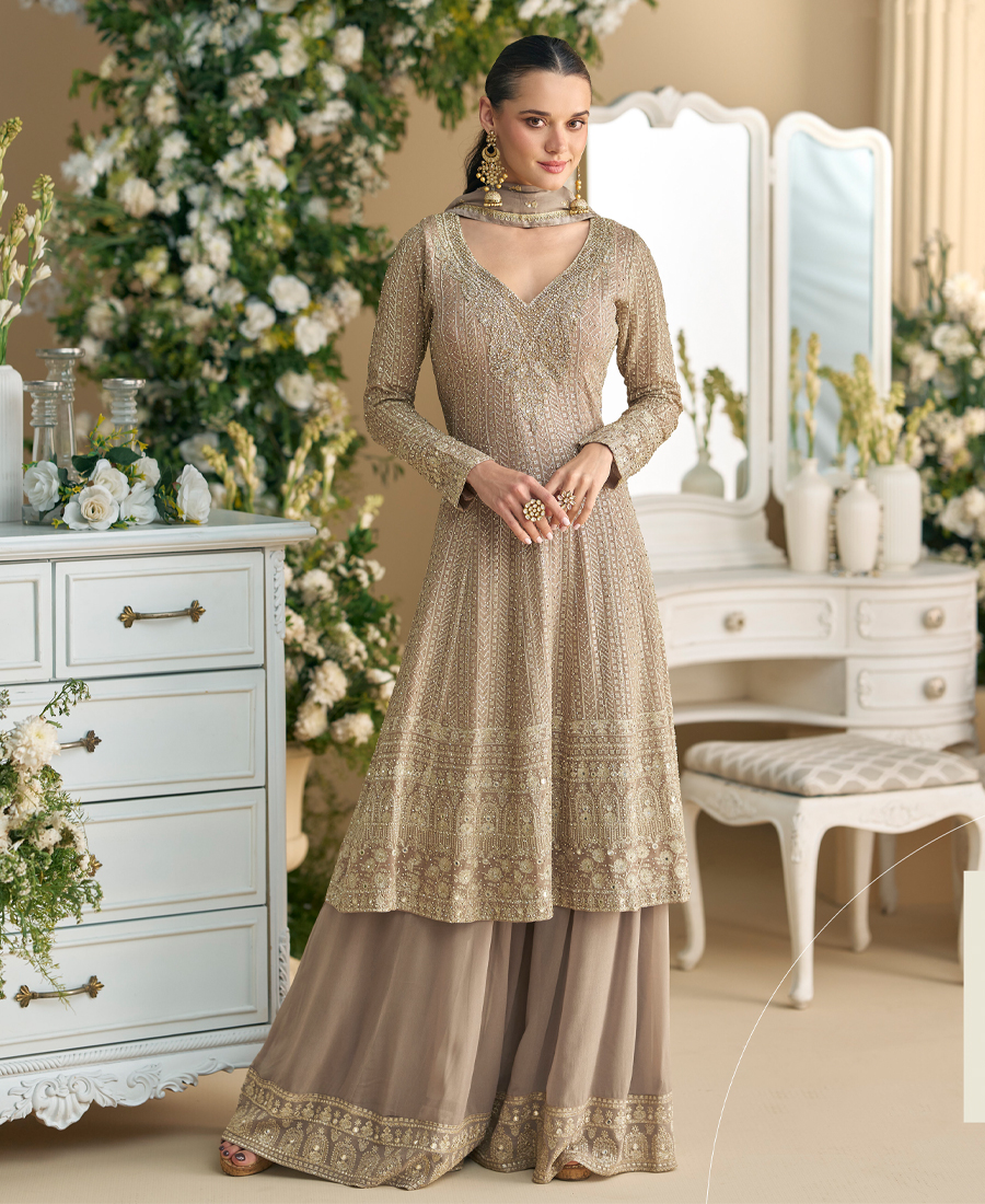 Designer Peplum Style Beige Georgette Su...