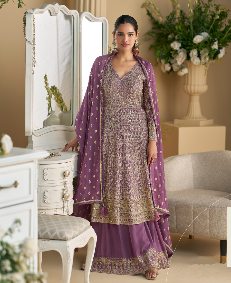Designer Peplum Style Purple Georgette S...