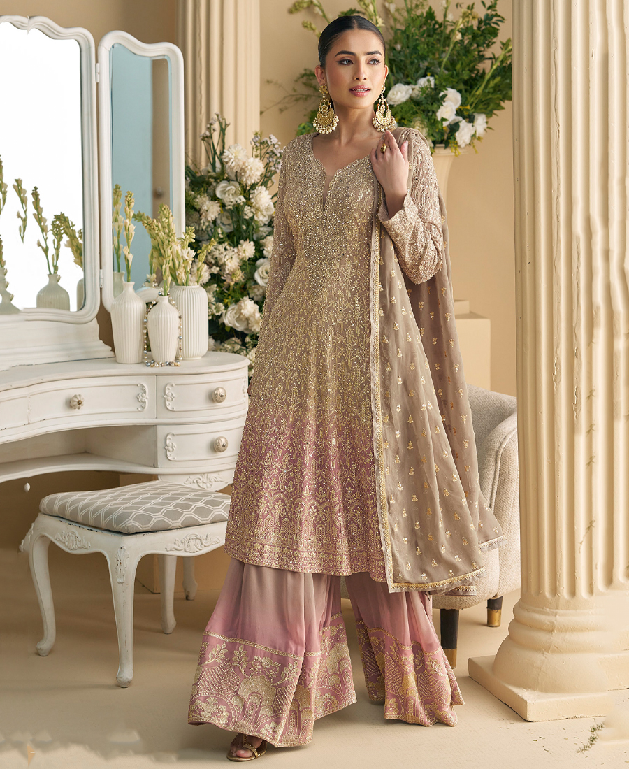 Designer Peplum Style Pink Georgette Sui...