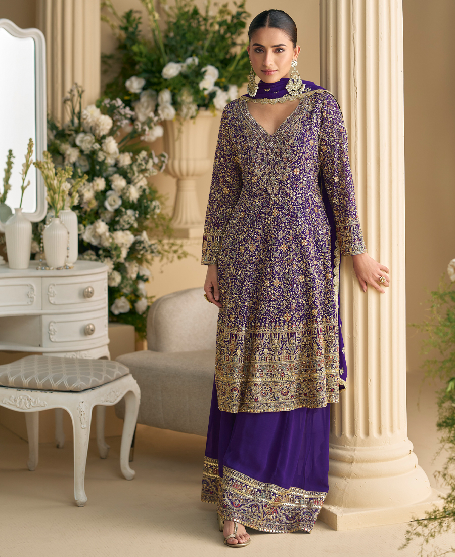 Heavy Wedding Wear Purple Georgette Pepl...
