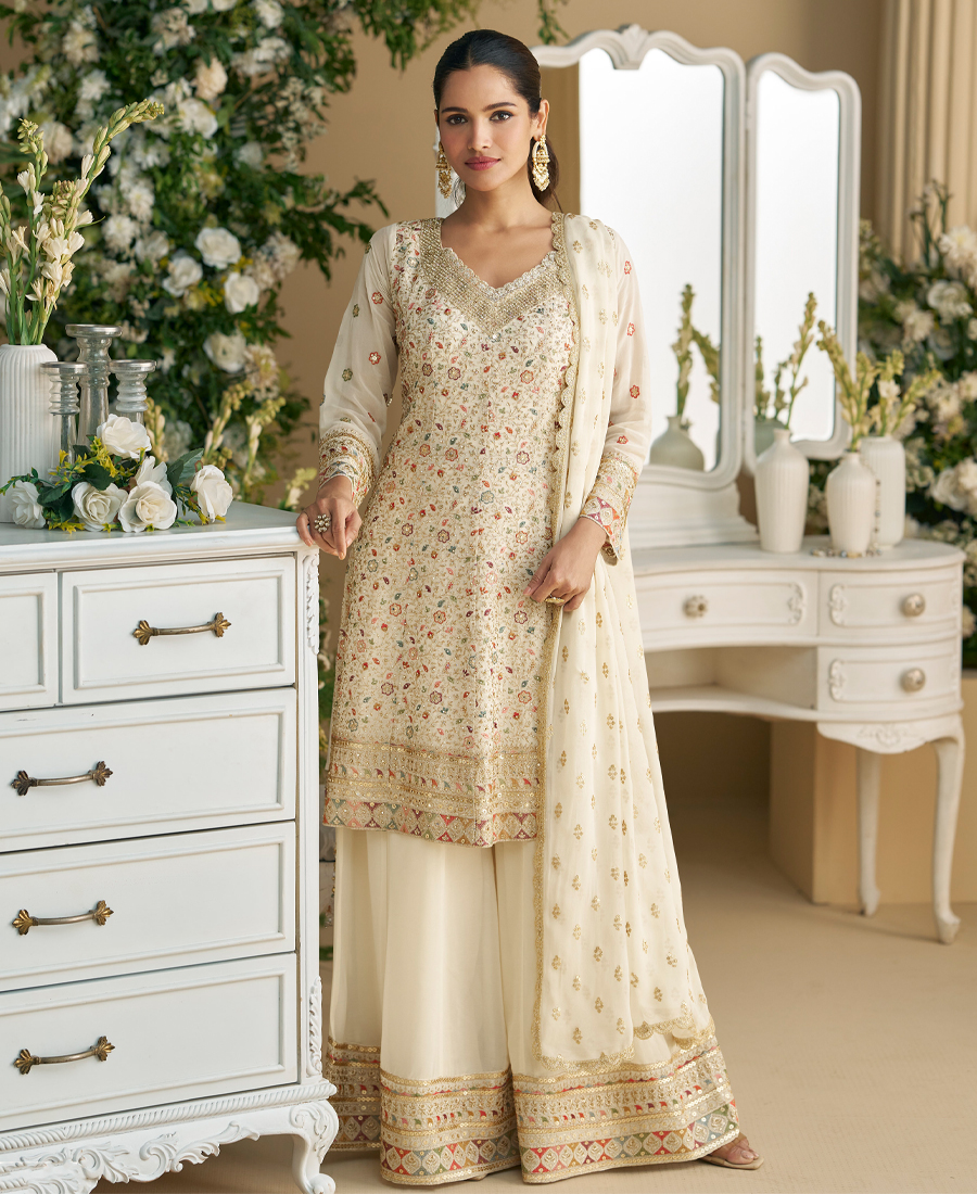 Heavy Wedding Wear White Georgette Peplu...
