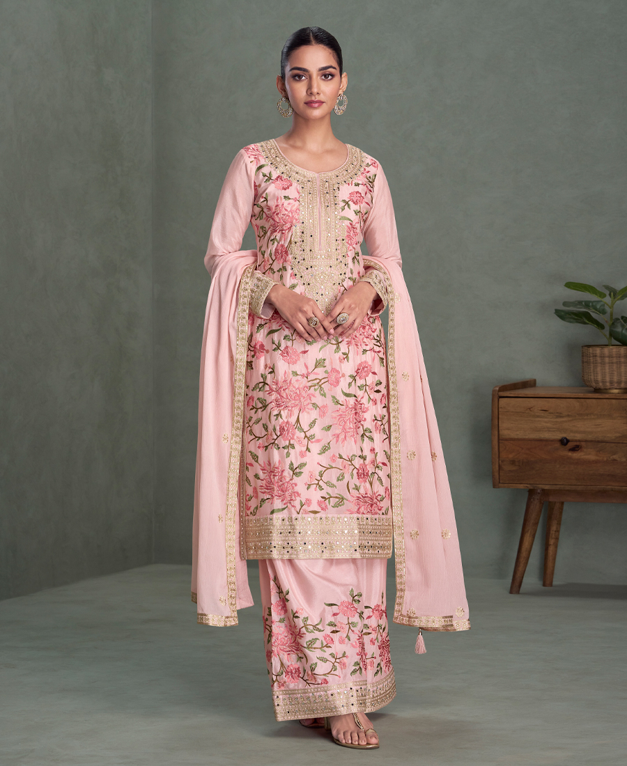 Traditional Wedding Wear Pink Chinon Lon...