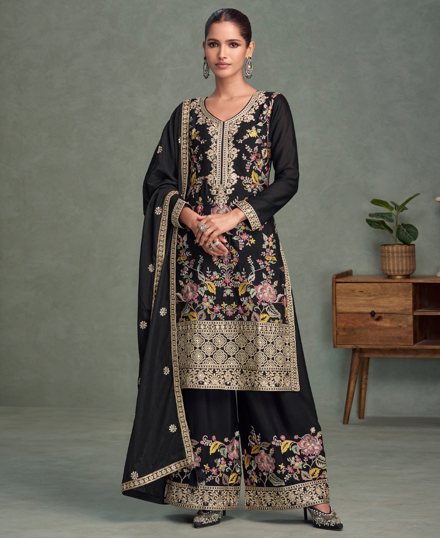 Traditional Wedding Wear Black Chinon Lo...