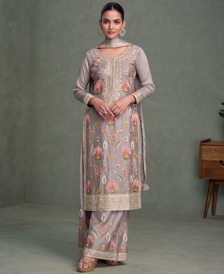 Traditional Wedding Wear Lilac Chinon Lo...
