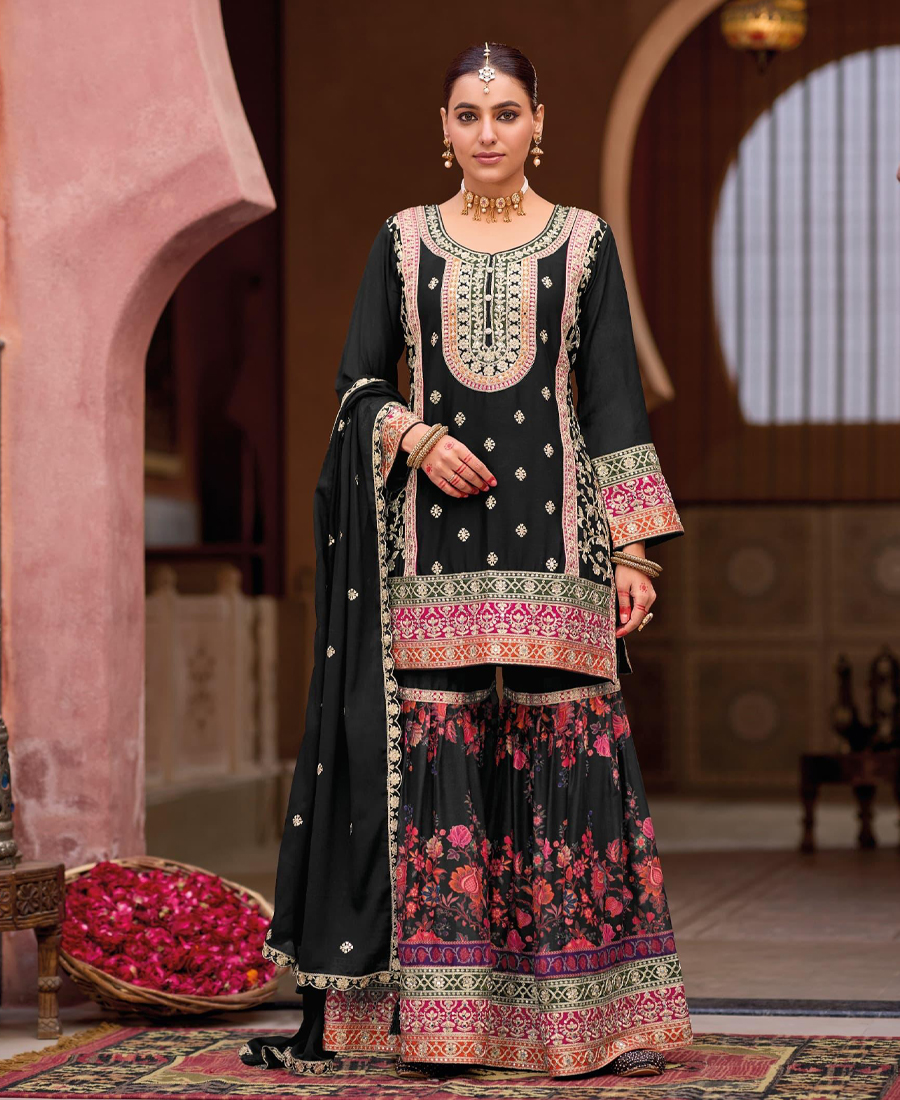 Designer Black Heavy Embroiderd Chinon S...