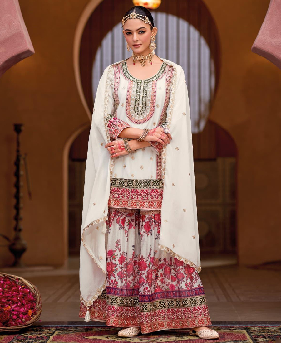 Designer White Heavy Embroiderd Chinon S...