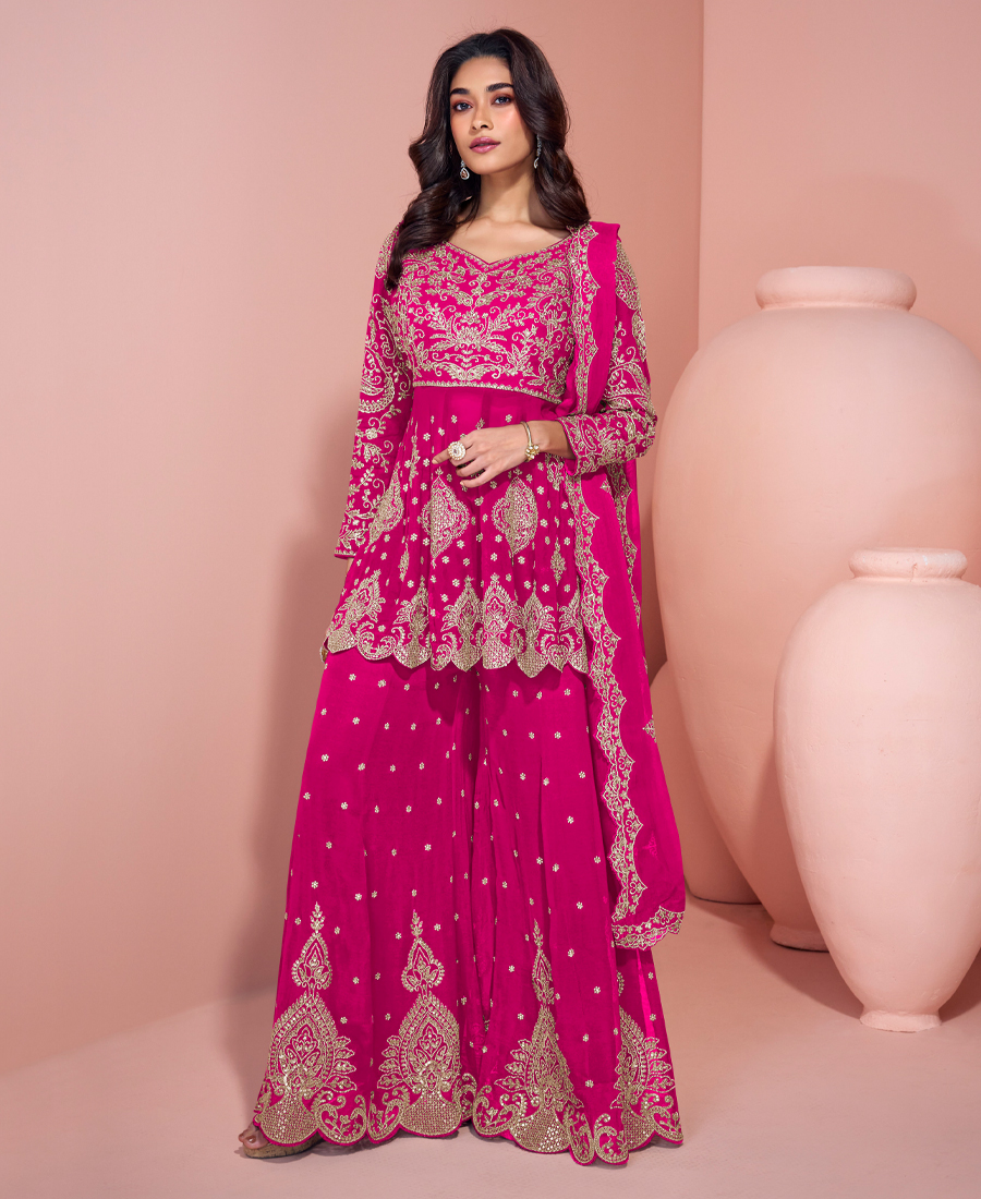 Traditional Georgette Pink Heavy Embroid...