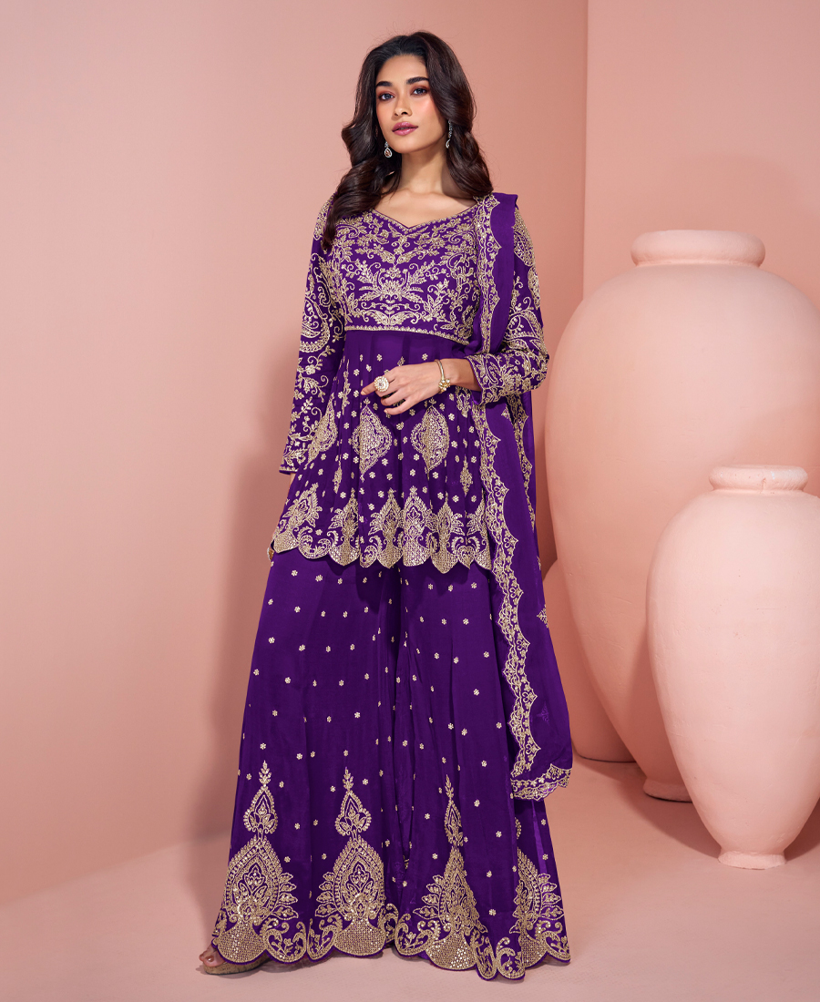 Traditional Georgette Purple Heavy Embro...