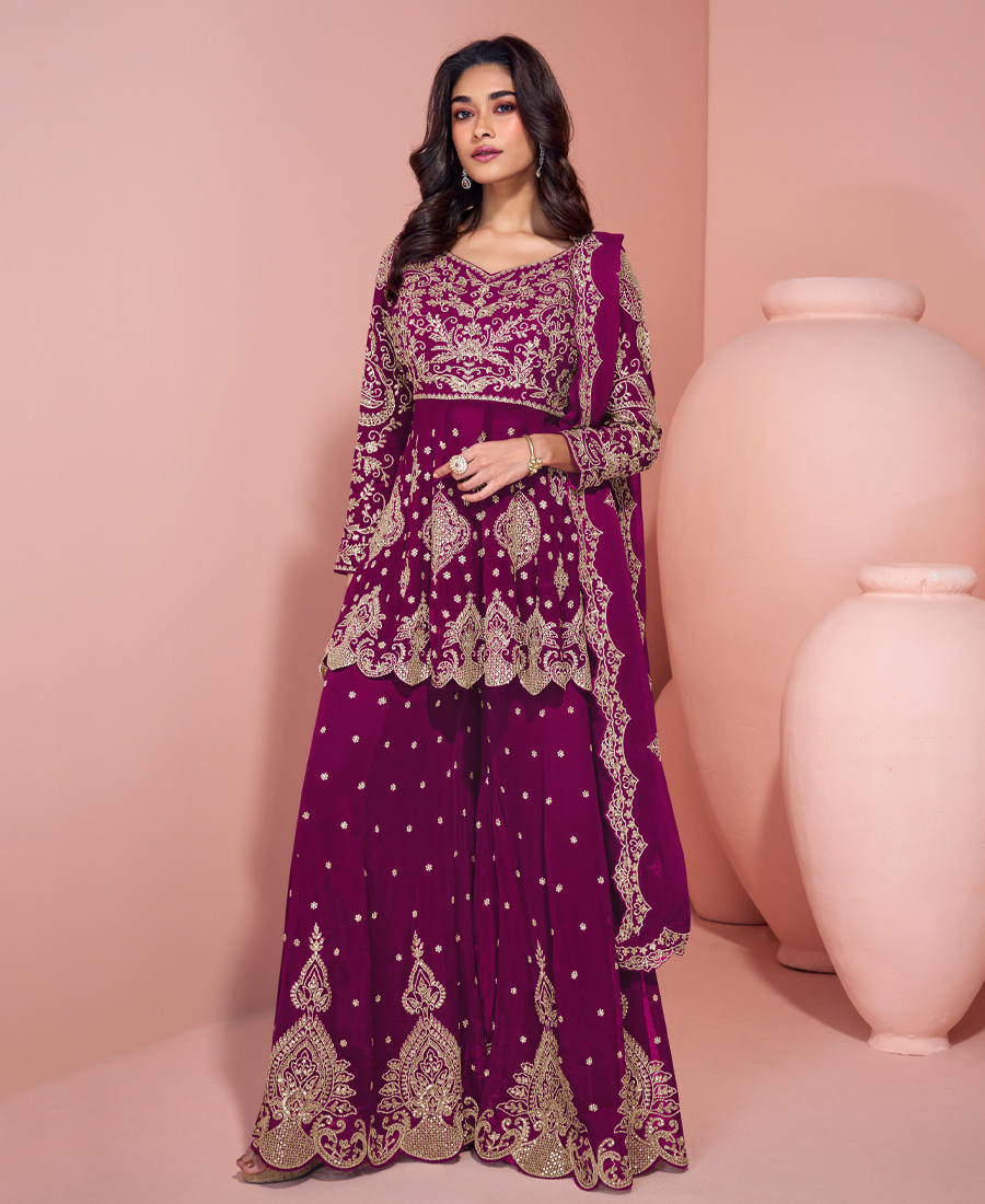 Traditional Georgette Magenta Heavy Embr...