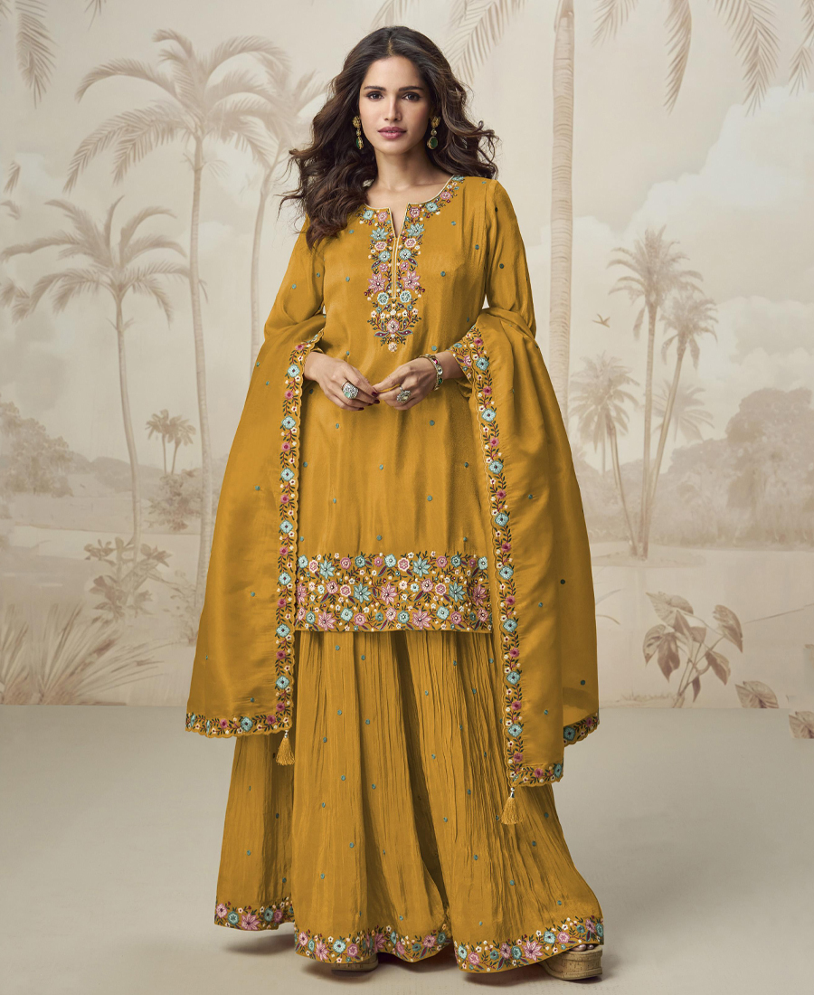 Yellow Simple And Sober Silk Sharara Sui...