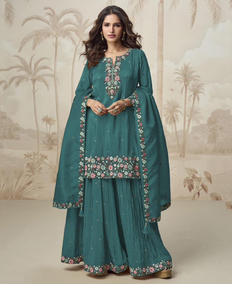 Aqua Blue Simple And Sober Silk Sharara...