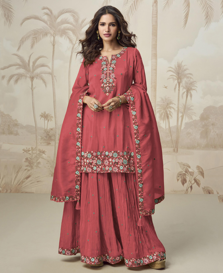 Peach Simple And Sober Silk Sharara Suit...