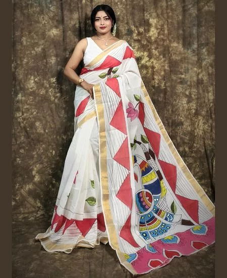 Kerala Cotton Hand-Painted Saree – Artis...