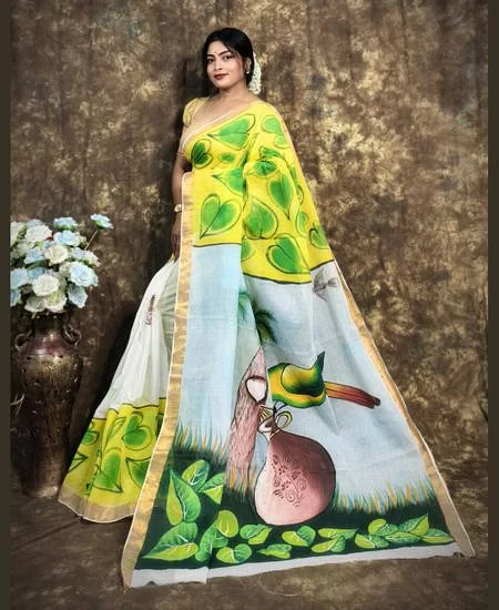 Kerala Cotton Hand-Painted Saree – Artis...