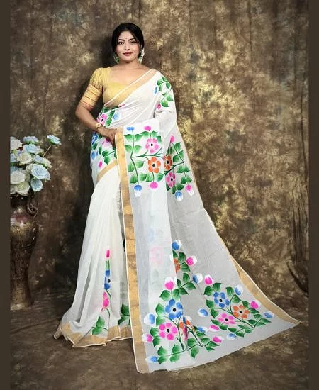 Kerala Cotton Hand-Painted Saree – Artis...