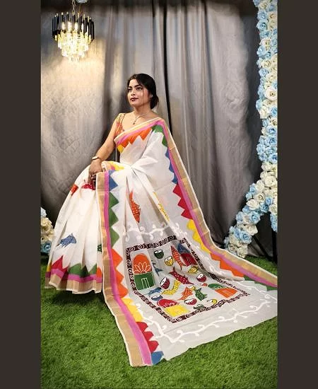 Kerala Cotton Hand-Painted Saree – Artis...
