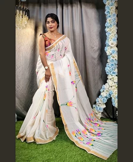 Kerala Cotton Hand-Painted Saree – Artis...