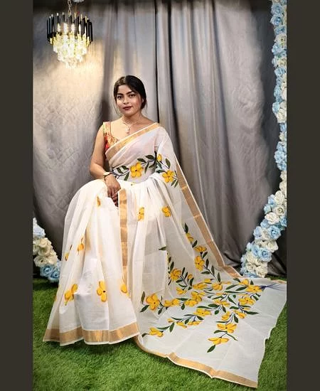 Kerala Cotton Hand-Painted Saree – Artis...