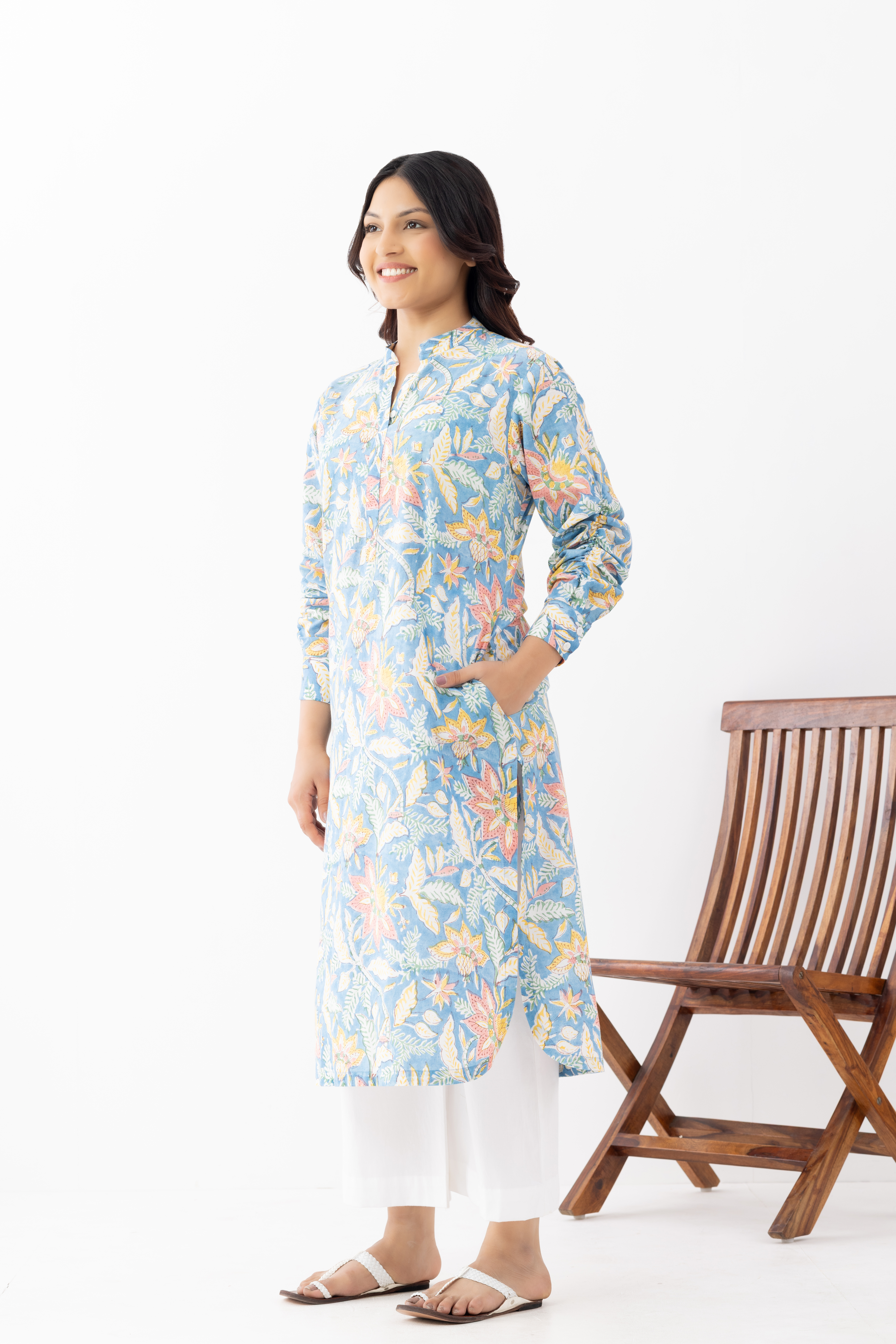 Pastel Blue Floral Print Cotton Kurta wi...