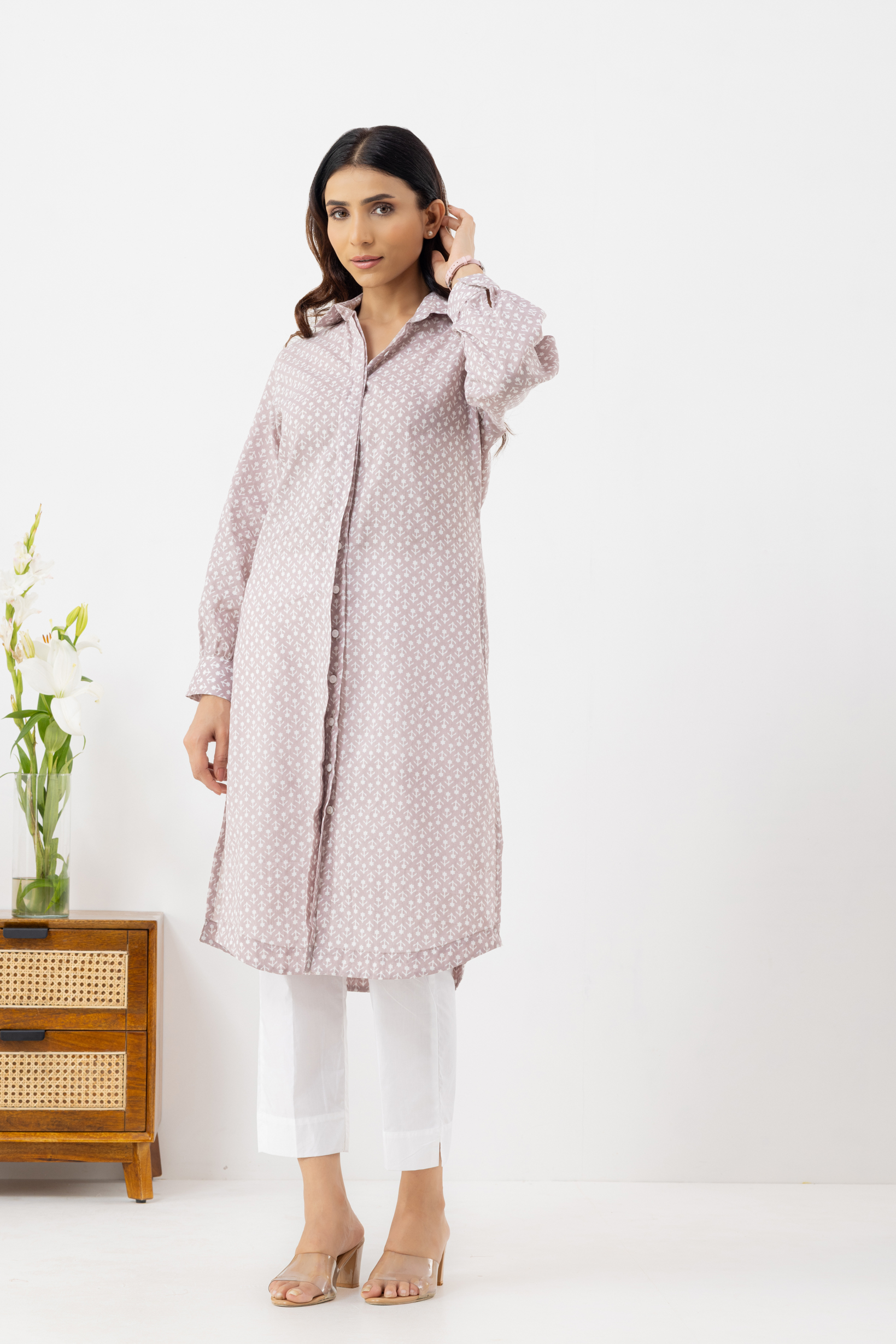 Printed Shirt-Style Cotton Kurta in Mauv...