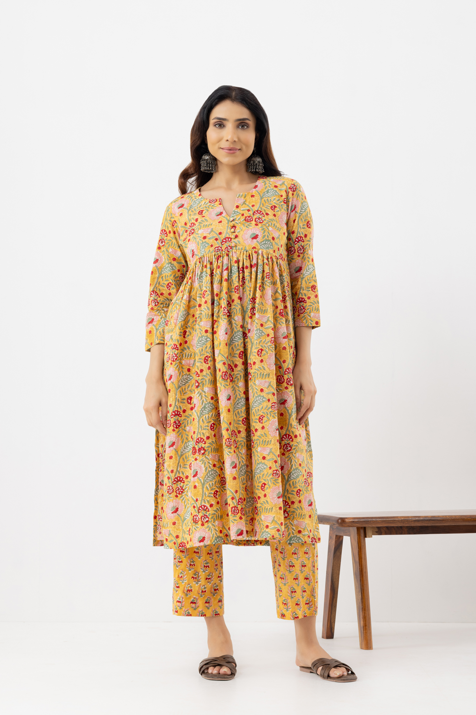 Mustard Yellow Floral Printed Cotton Kur...