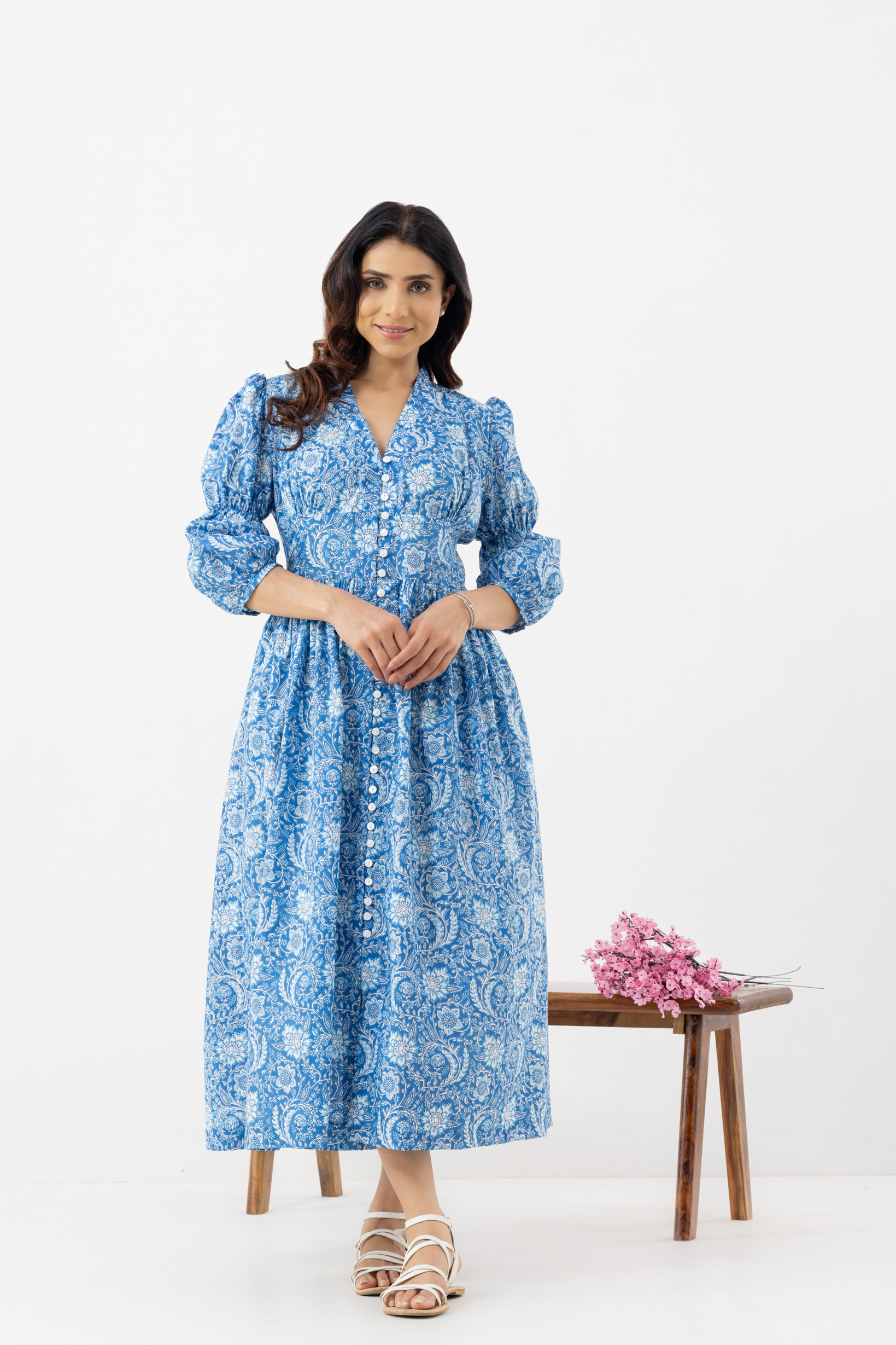 Elegant Blue Floral Printed Maxi Dress