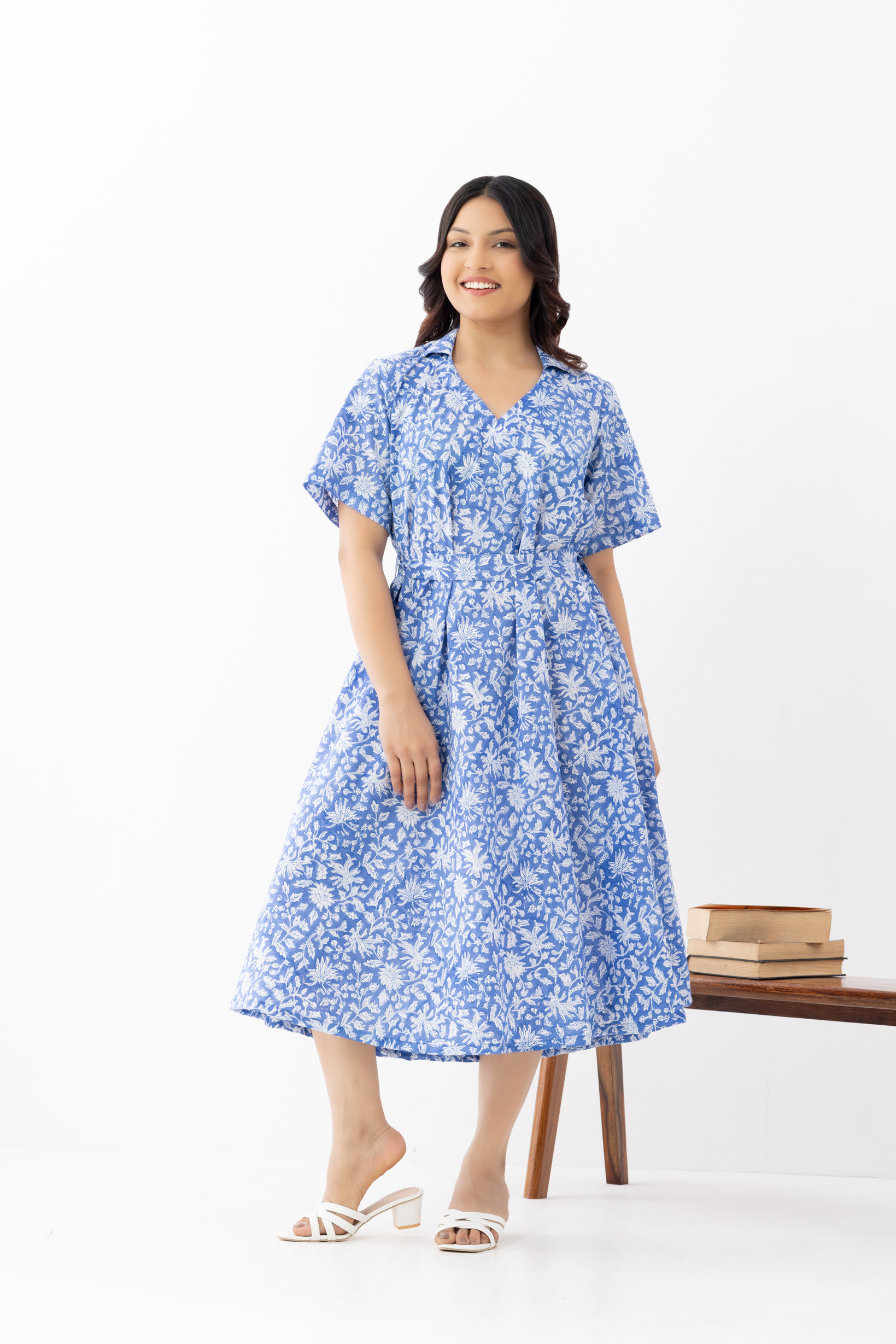 Blue Floral Printed Wrap-Style Midi Dres...