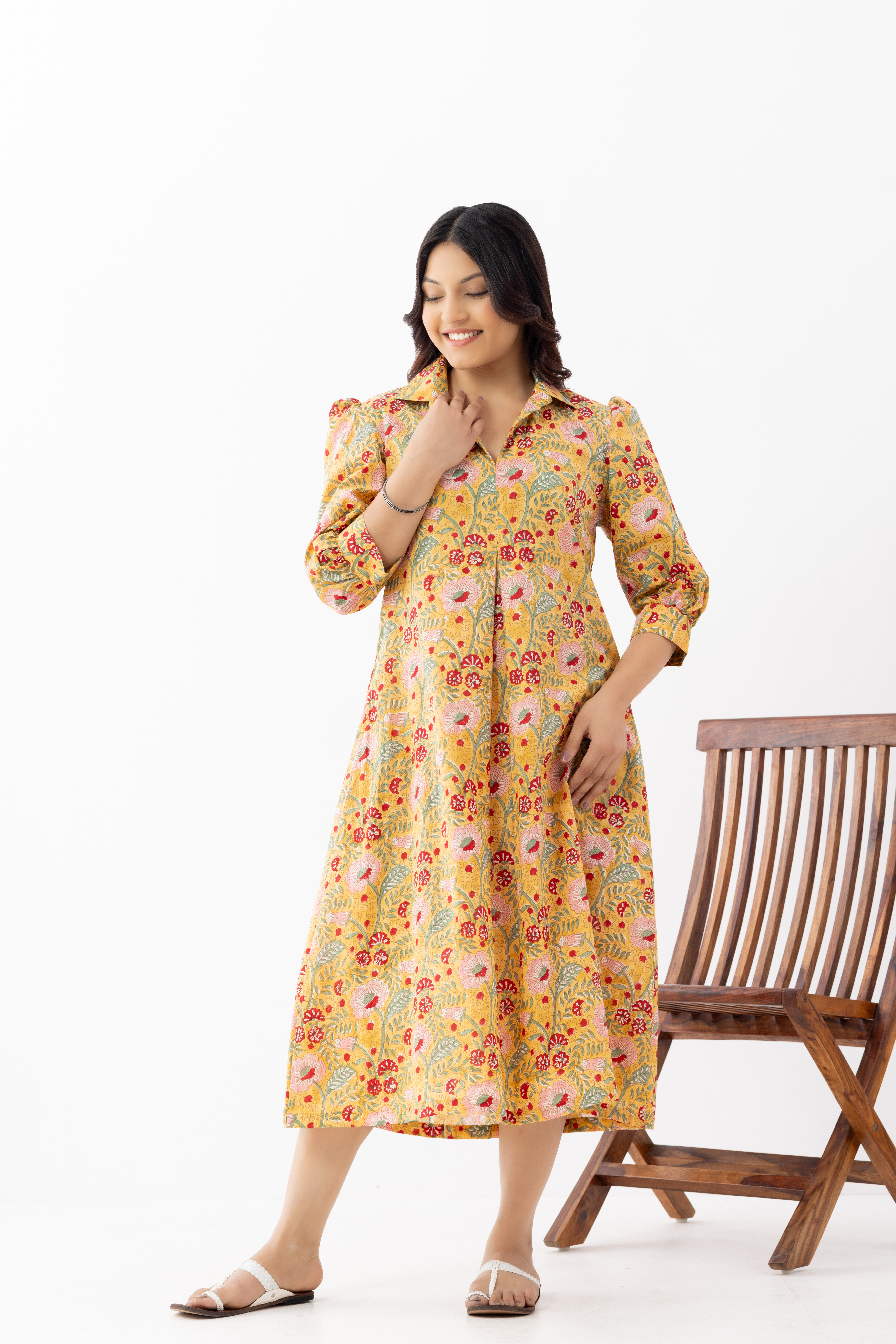 Yellow Floral Printed A-Line Midi Dress