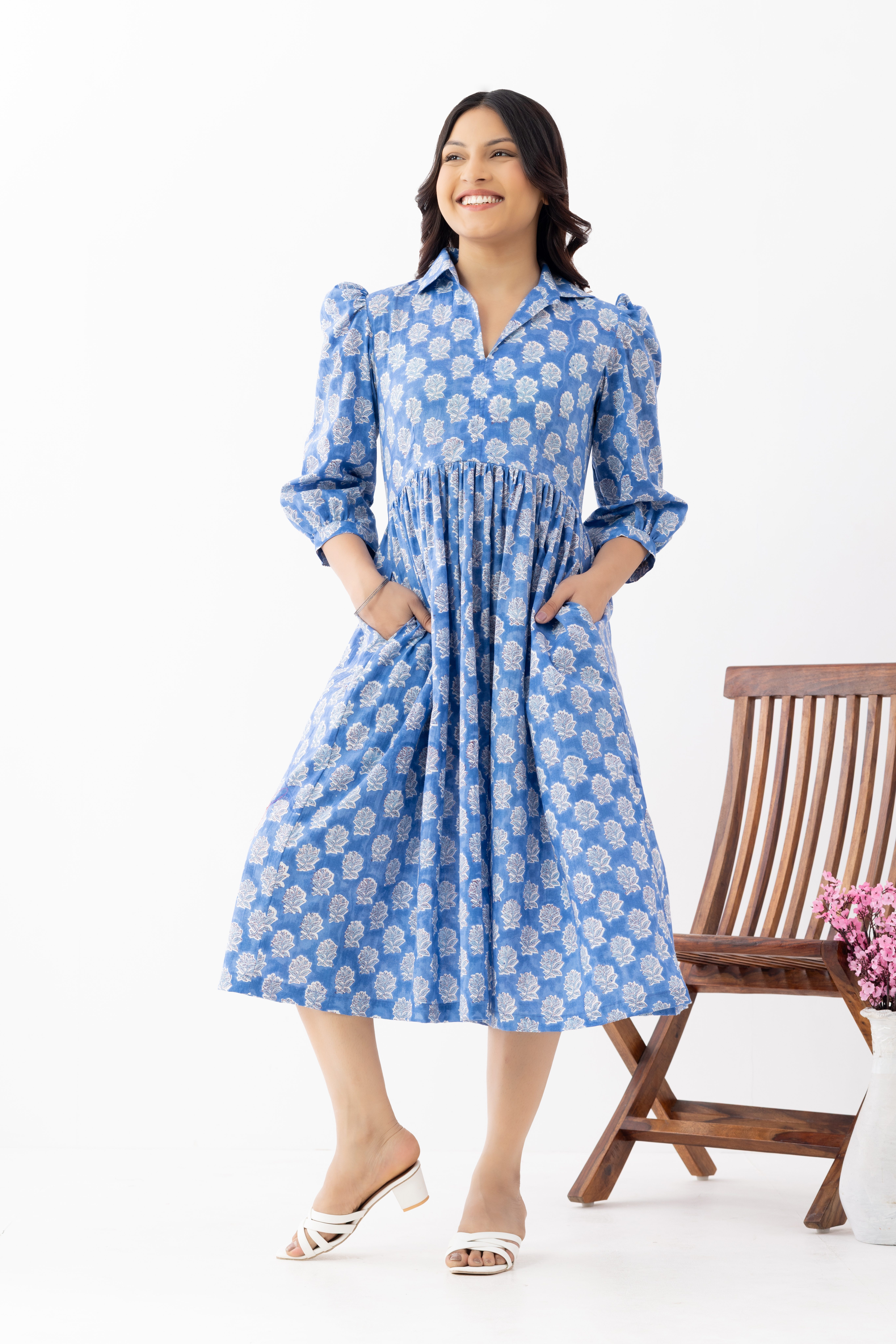 Elegant Blue Ethnic Printed Midi Dress w...