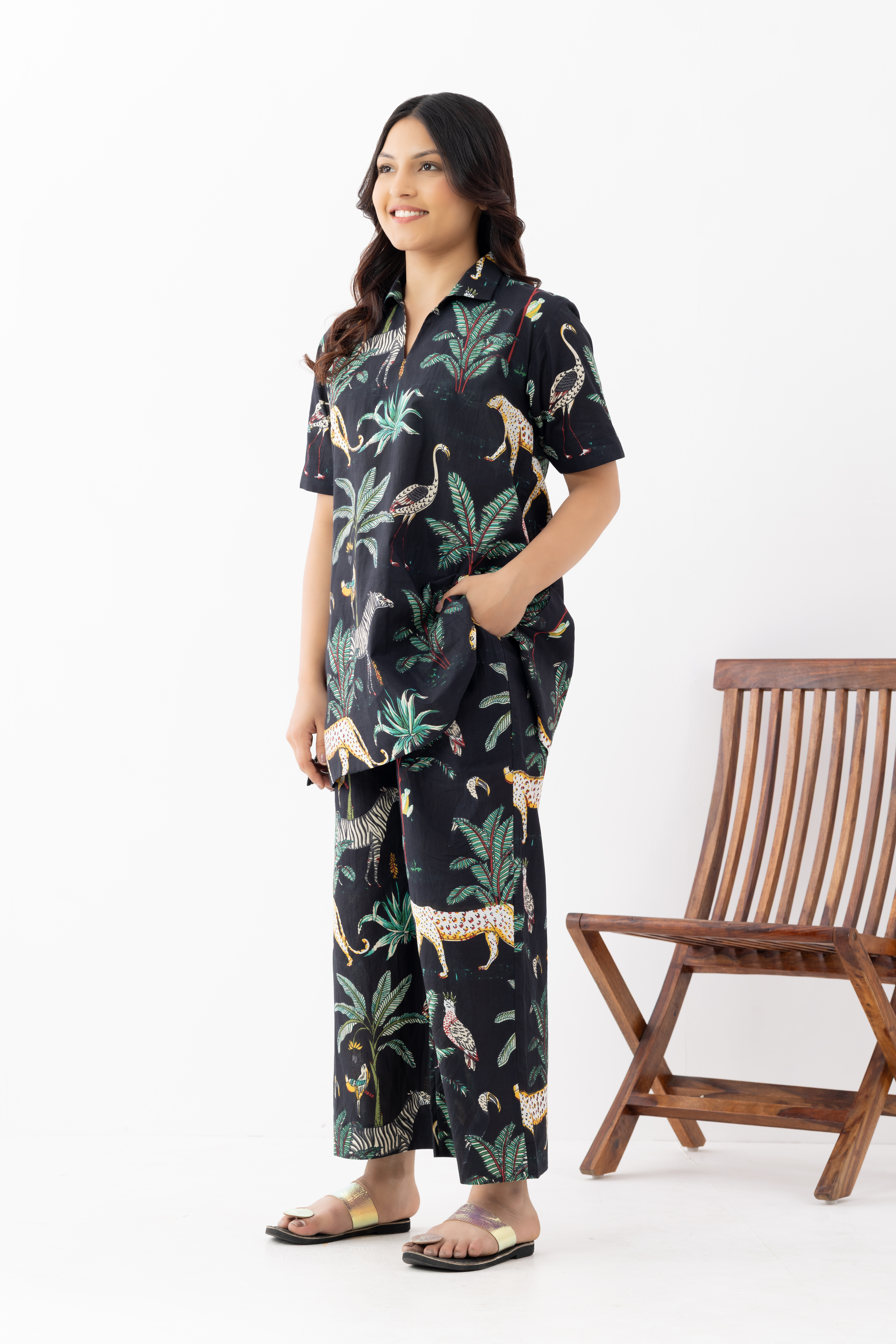 Black Jungle Print Cotton Co-ord Nightwe...