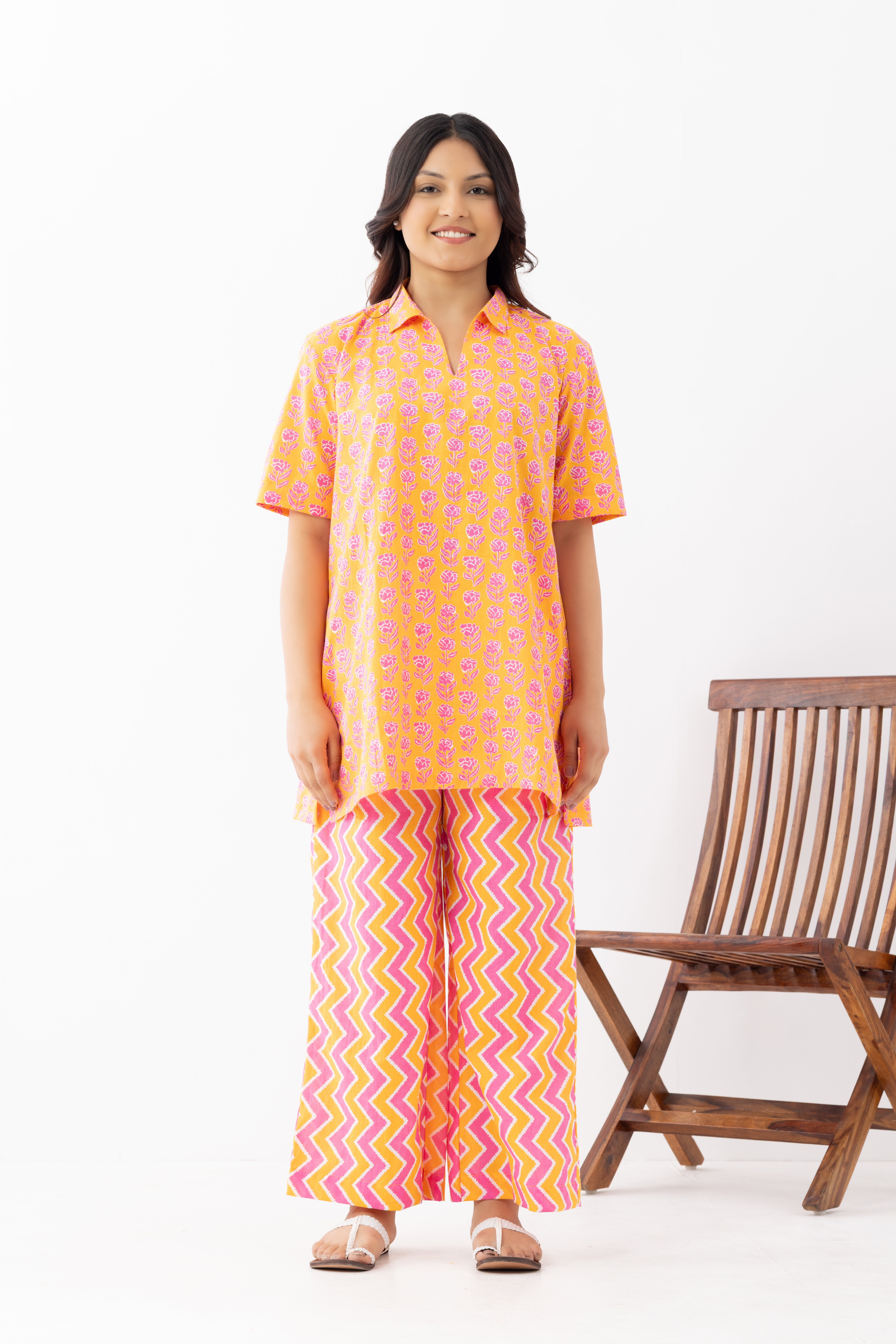 Bright Orange & Pink Printed Cotton Nigh...