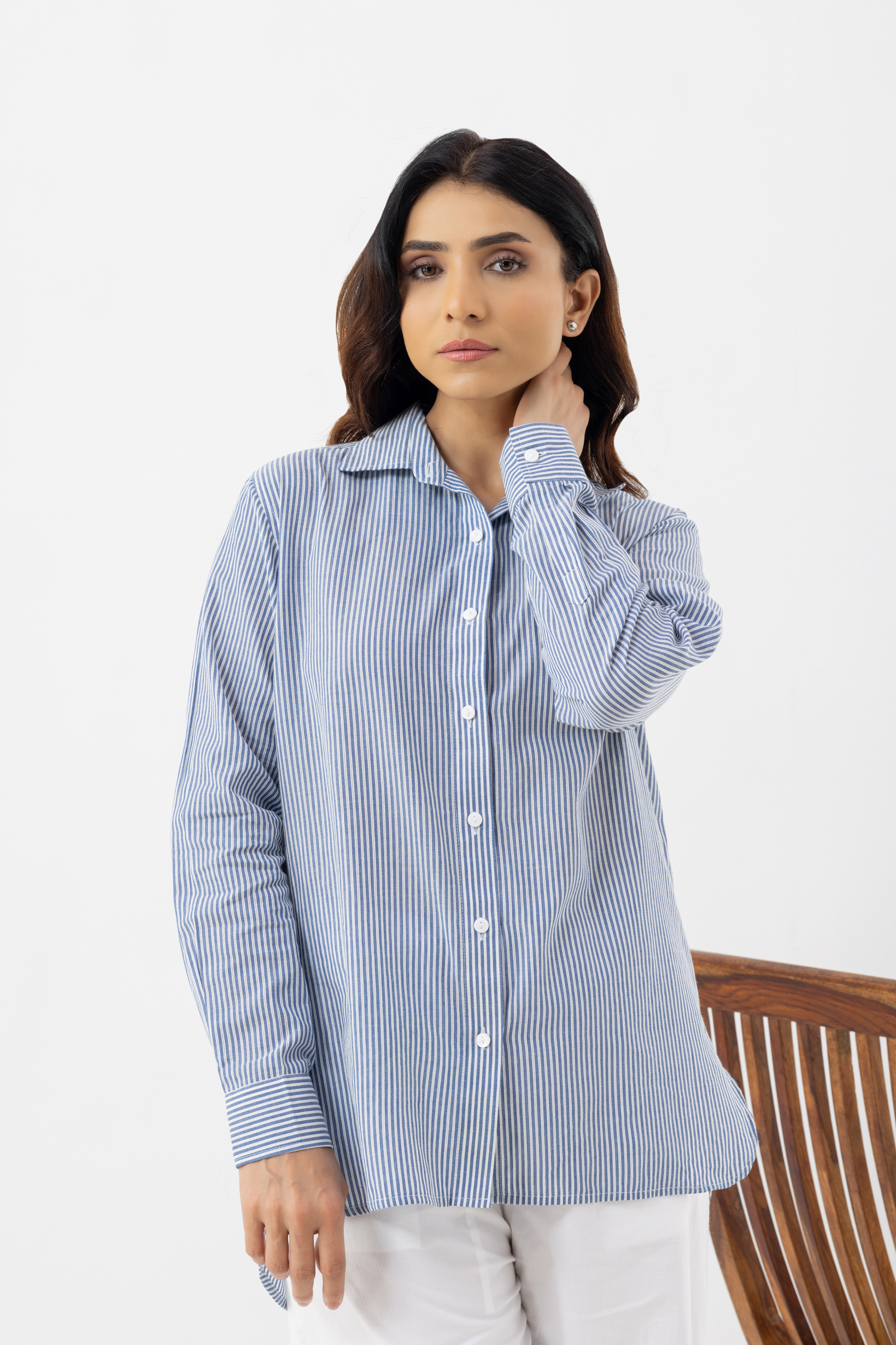 Women’s Blue Optical Stripe Linen Shirt