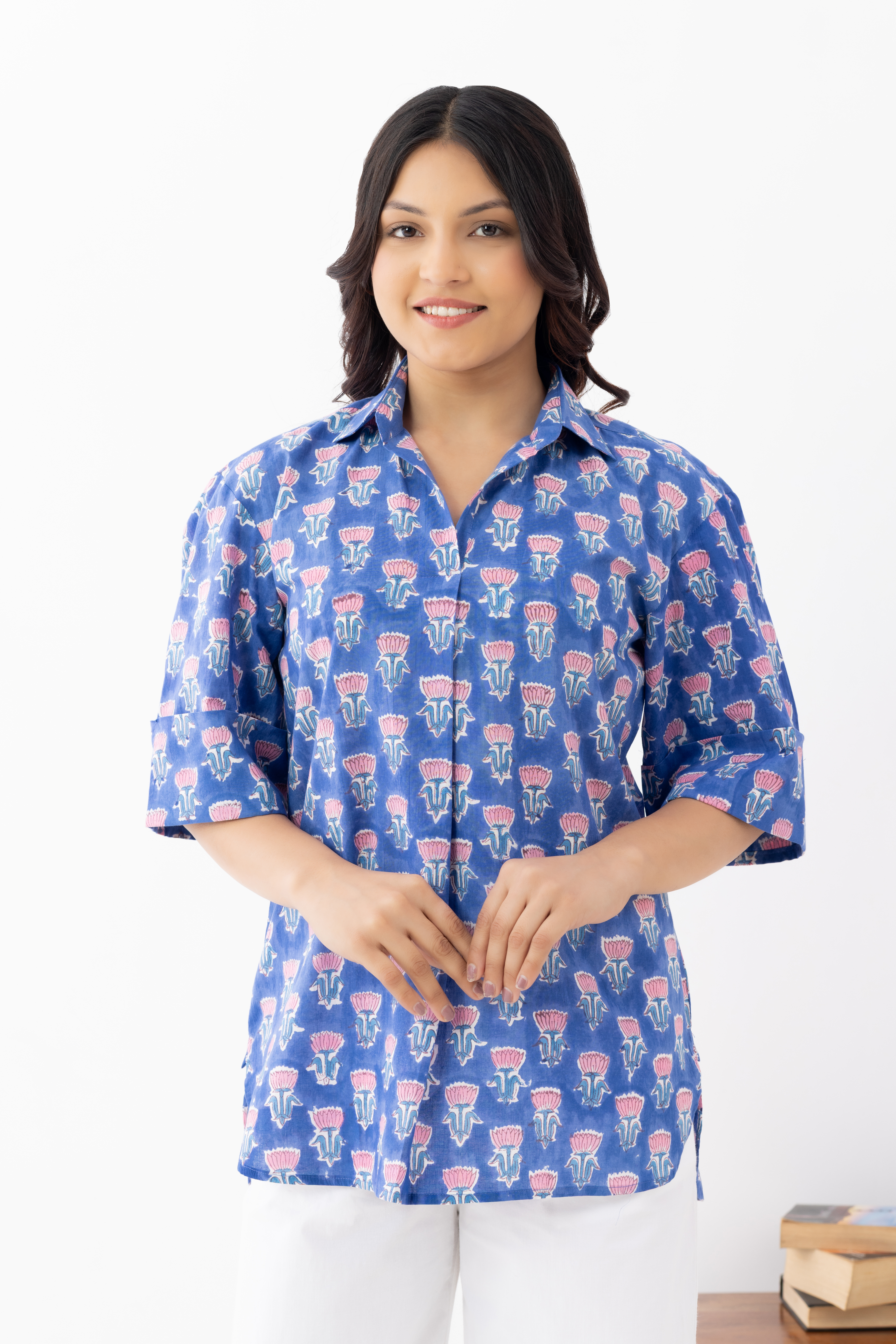 Women's Blue Printed Cotton Shirt – Back...