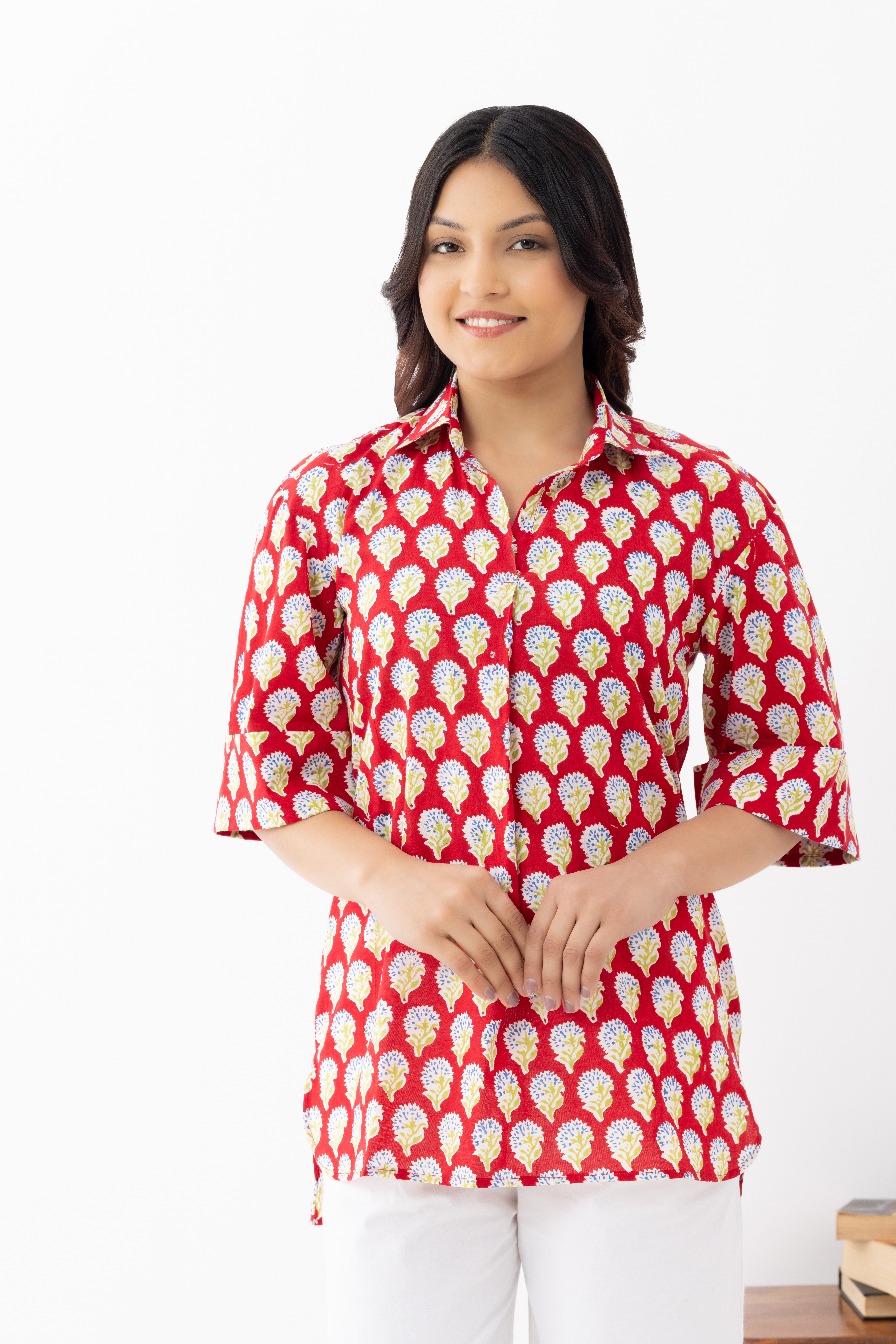 Women's Red Handblock Print Cotton Shirt