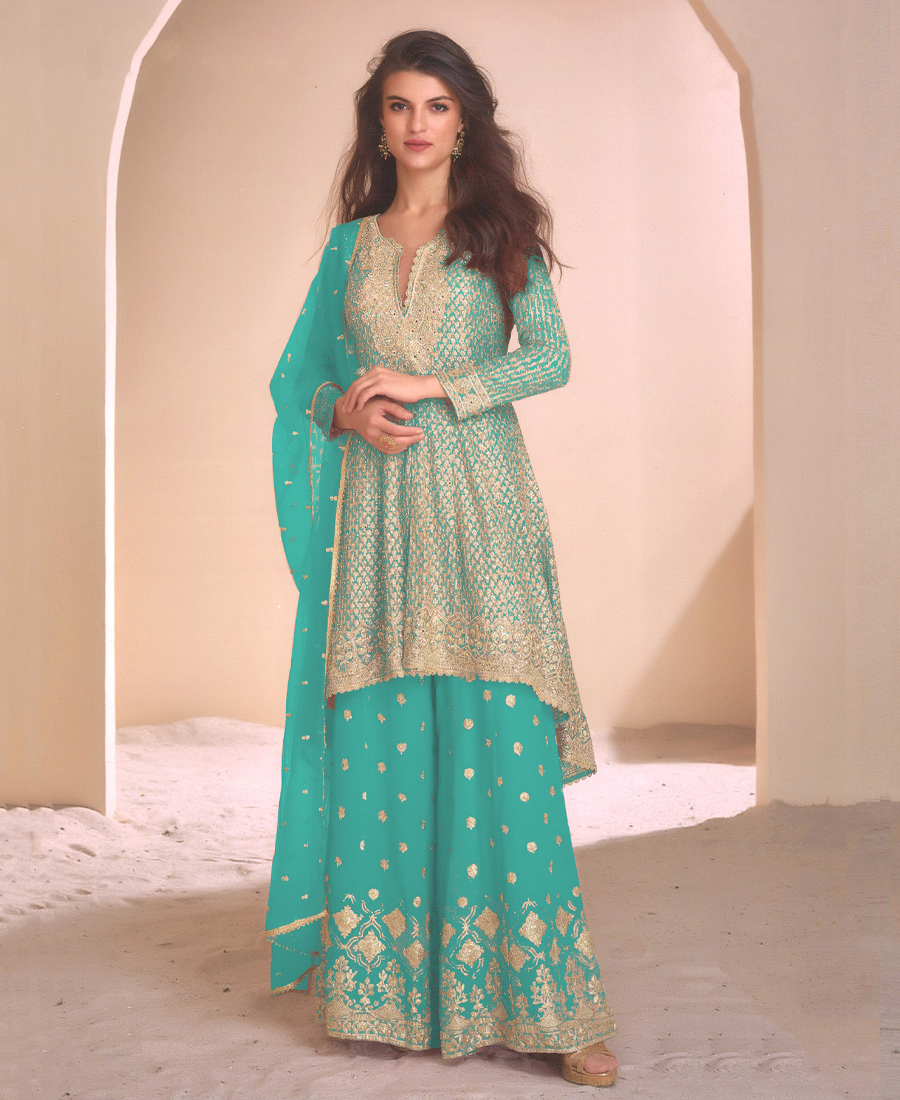 Designer Heavy Embroidered Sky Blue Geor...