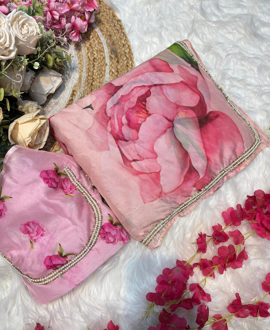 Pure Tabby Silk Pink Floral Printed With...