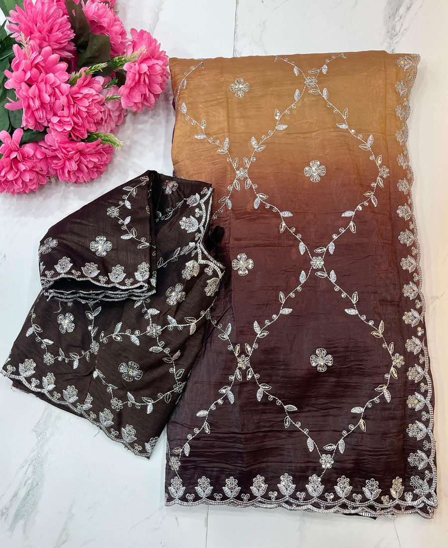 New Ombre Pattern Brown Crush Silk Saree...