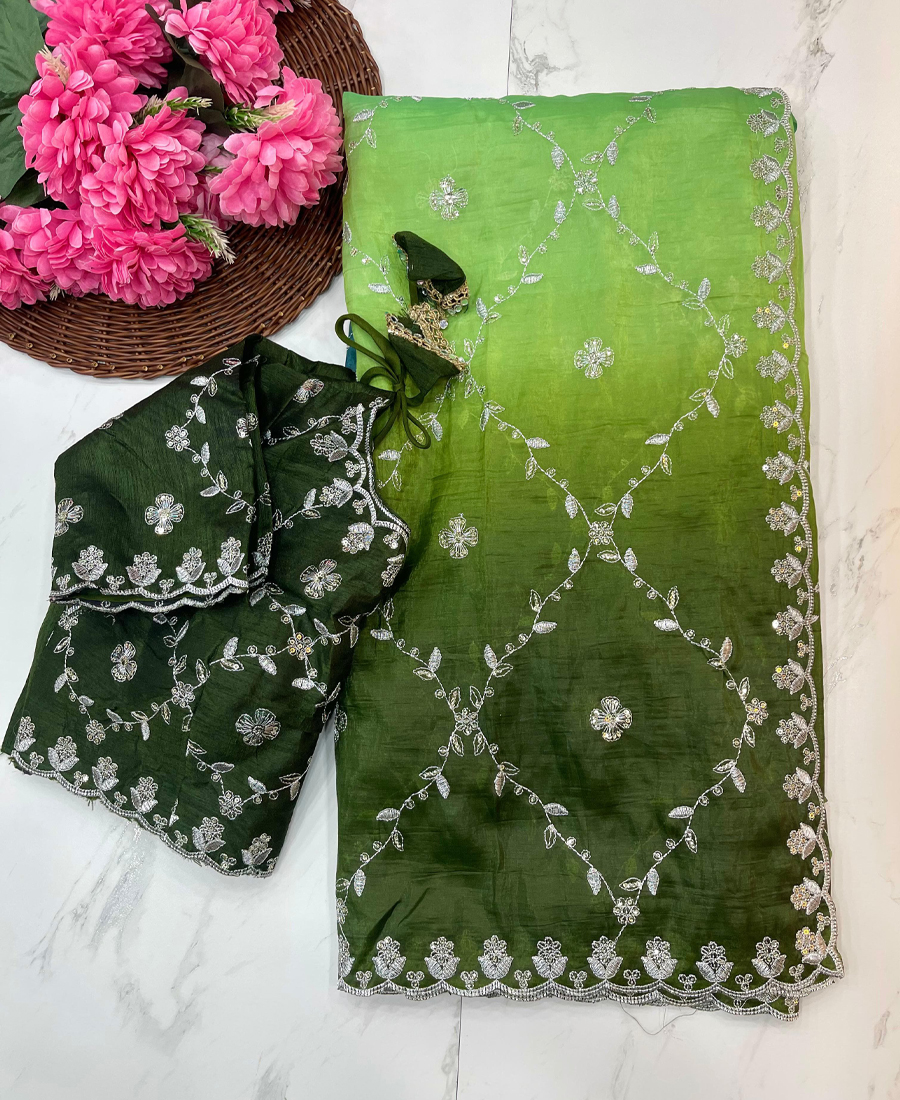 New Ombre Pattern Green Crush Silk Saree...