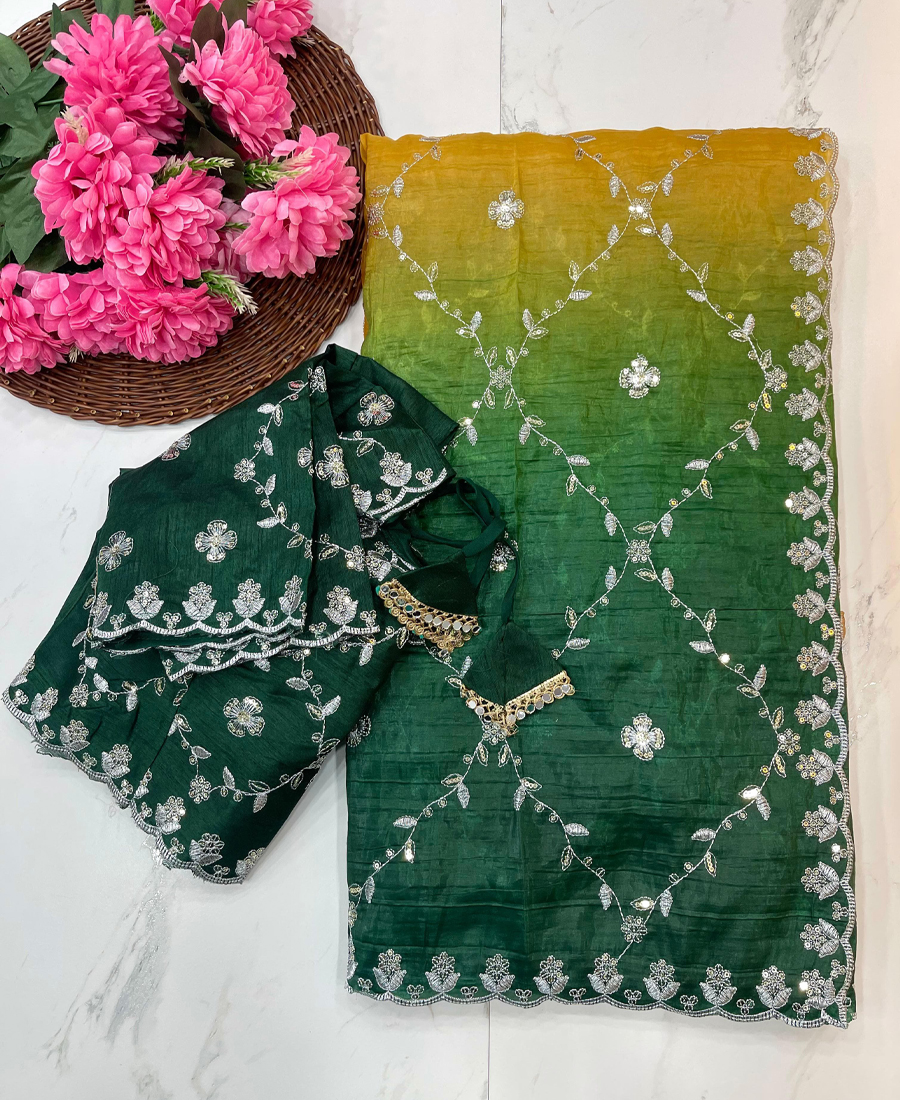 New Ombre Pattern Yellow Crush Silk Sare...