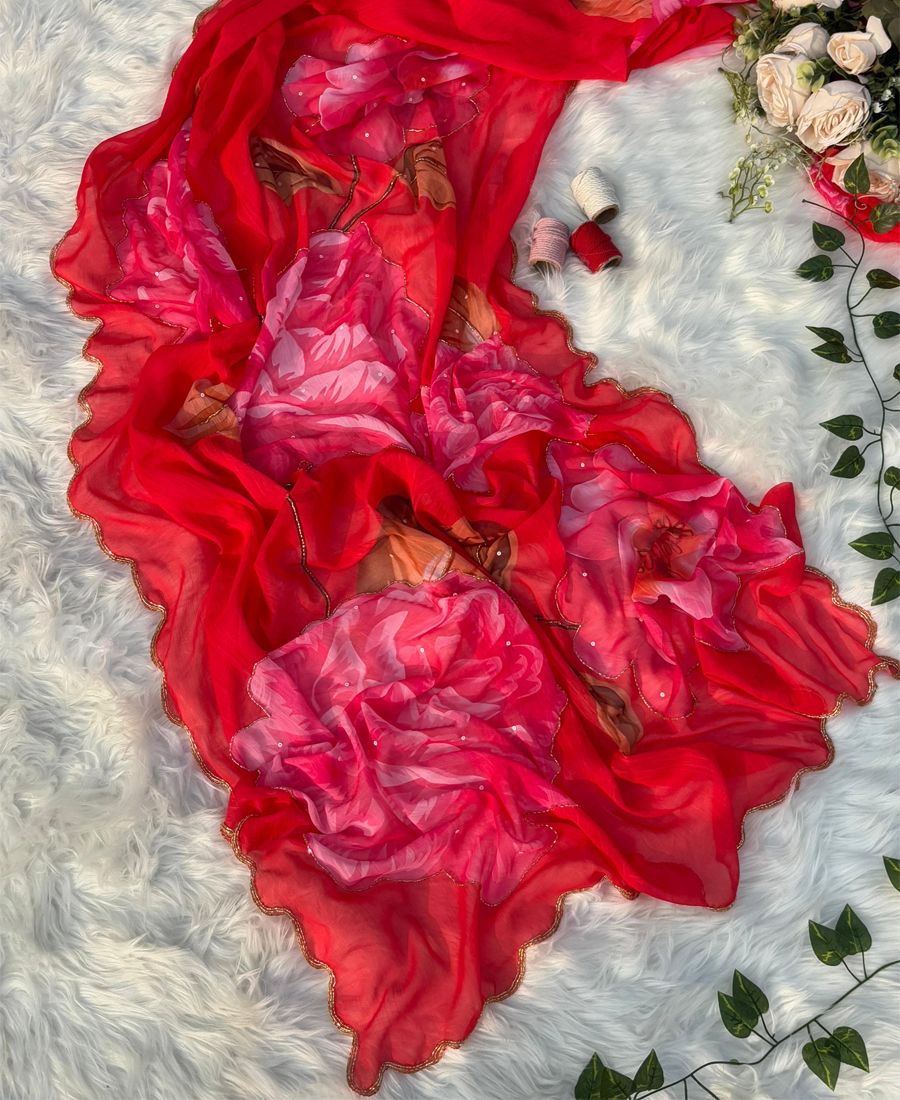 New Red Floral Printed Chiffon Saree Wit...