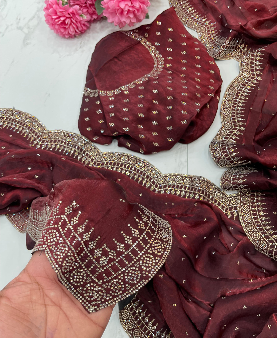 Maroon Fendy Satin Silk Saree With Zarka...