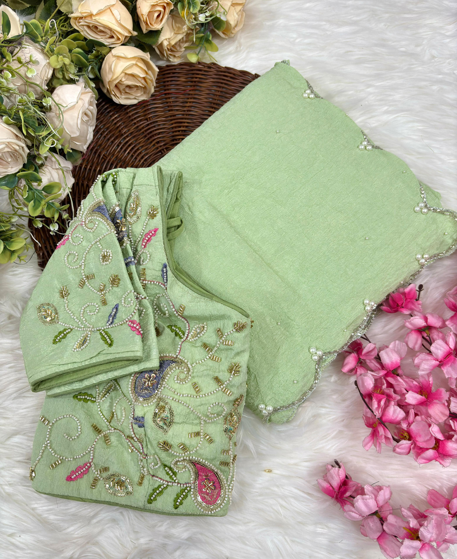 Beautiful Pista Crunchy Silk Saree For W...